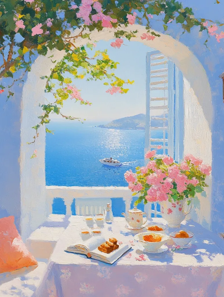 The painting depicts a serene balcony scene with a white balustrade overlooking a glistening blue sea. A small boat sails on the horizon, while a white, arched window frames the view.  The balcony is adorned with pink flowers, and a table is set with a book, teacups, pastries, and a teapot, suggesting a peaceful and delightful afternoon.  Sunlight bathes the scene in a soft, warm glow, creating a sense of tranquility and summery charm.  The artist's use of soft brushstrokes and pastel colors creates a dreamy and idyllic atmosphere.