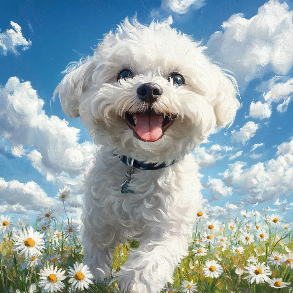 A white, fluffy dog with big, blue eyes smiles brightly at the camera. The dog has a blue collar with a tag and is standing in a field of white daisies against a backdrop of blue sky and fluffy clouds. The painting has a cheerful and joyful feel.
