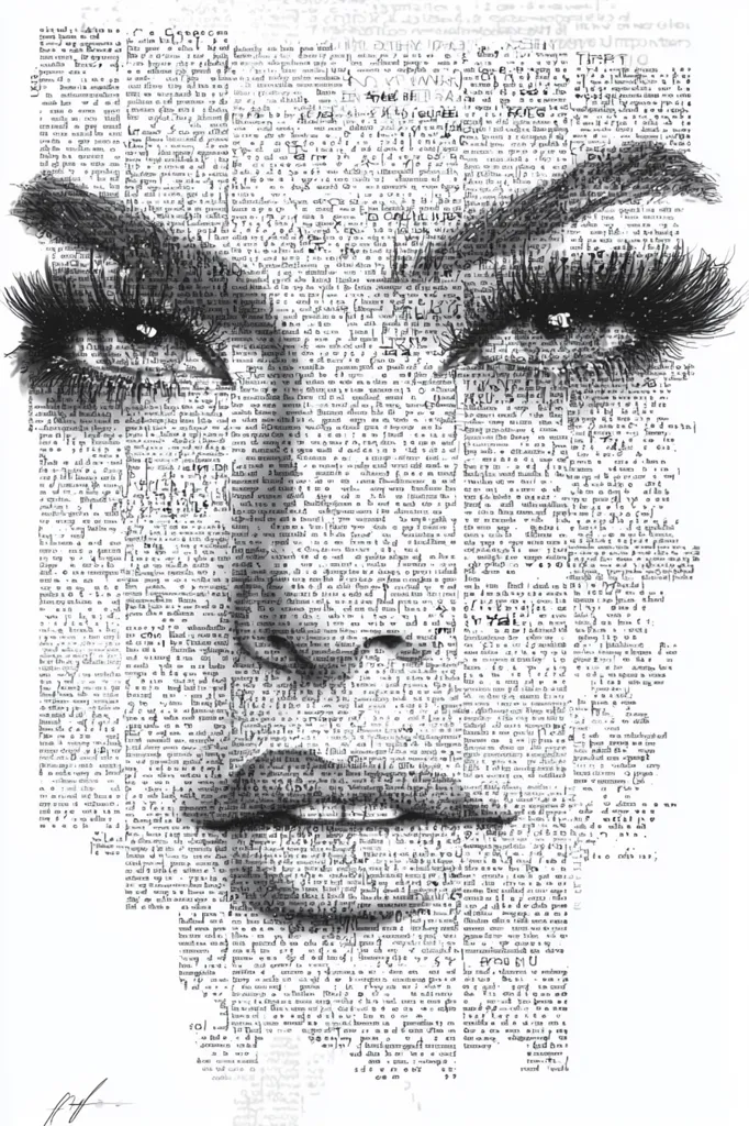 The image is a black and white portrait of a woman's face created using a collage of text. The artist has used text from a book to create the features of the face, including the eyes, nose, mouth, and eyebrows. The overall effect is one of mystery and intrigue, as the viewer is drawn in by the woman's gaze and the subtle details of the text. The use of text as a medium adds a layer of depth and complexity to the artwork, suggesting the power of language and the many stories it can tell.