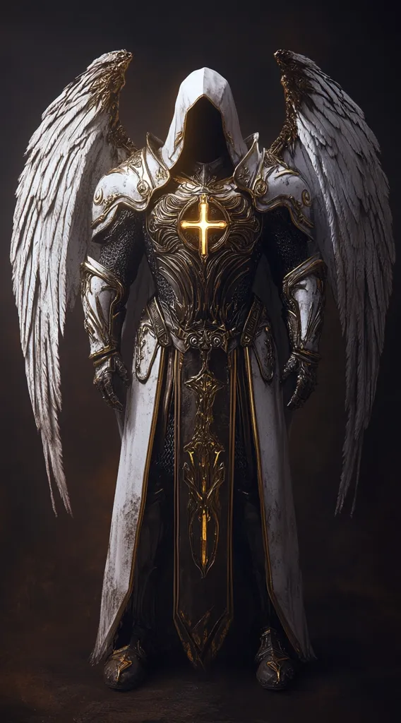 A figure clad in intricately detailed, gilded armor stands with wings unfurled. Their face is hidden beneath a hooded cloak, but their powerful presence is undeniable. A radiant cross is emblazoned on their chest, and their armor gleams with an ethereal light. The image evokes a sense of both strength and spirituality, suggesting a powerful guardian or divine warrior.