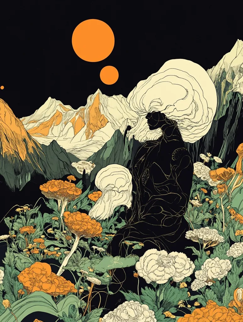 A surreal image of a woman with flowing white hair, sitting in a field of colorful flowers and tall grass.  Behind her, a dark mountain range with snow-capped peaks and three small suns.  The overall mood is dreamlike and whimsical, blending nature and the surreal.  The style is detailed and intricate, with fine lines and vibrant colors.