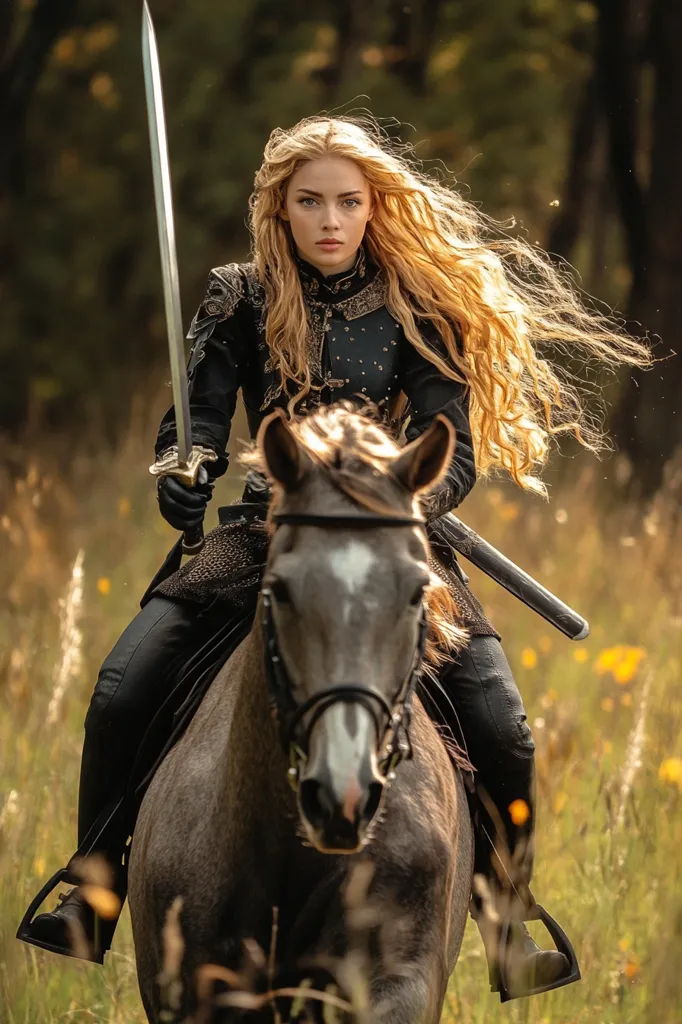 A woman with long flowing blonde hair rides a horse through a field of tall grass. She is dressed in black armor and holds a sword in her right hand. Her expression is serious and focused. The sunlight illuminates the scene, casting long shadows on the ground.