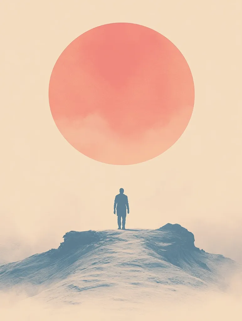 A single silhouette of a person stands on a snowy mountaintop, looking up at a large, glowing red orb. The sky is a soft, warm yellow. The scene is minimal and evokes a sense of solitude and wonder.