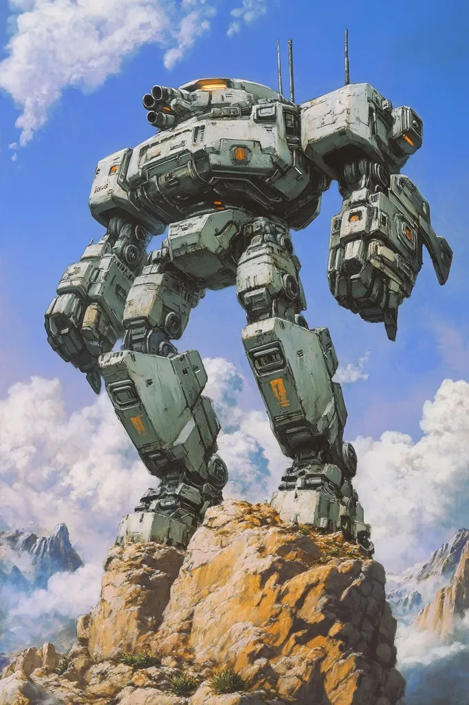 A large, imposing robot stands on a rocky peak, its metallic form contrasting with the blue sky and fluffy white clouds. Its bulky legs and powerful arms suggest immense strength. The robot's design features intricate details, with weapons visible on its upper torso. It appears to be a futuristic machine, possibly a war machine or a powerful construction tool.  The mountainous backdrop adds a sense of scale and awe to the scene.