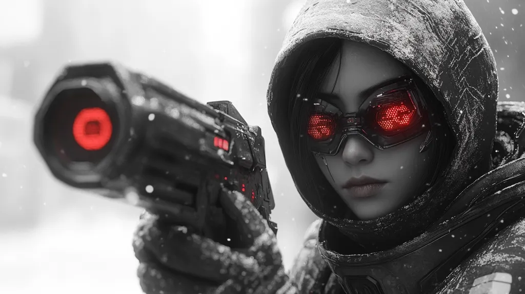 The image shows a woman in a hooded, snow-covered jacket.  Her face is partially hidden, and she wears futuristic goggles that have red glowing lenses. She is holding a futuristic gun with a red glowing sight, and she appears to be aiming it towards the viewer. The background is a snowy landscape. The image has a dark and gritty feel, and the woman looks determined and dangerous.