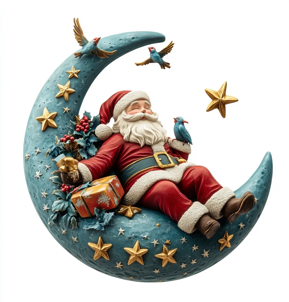 A ceramic figurine of Santa Claus sitting on a crescent moon. He is wearing a red suit and white beard. He is holding a present in his lap and a blue bird is perched on his shoulder. The moon is decorated with golden stars. Two blue birds are flying above.  This whimsical Christmas ornament is a festive addition to any home.