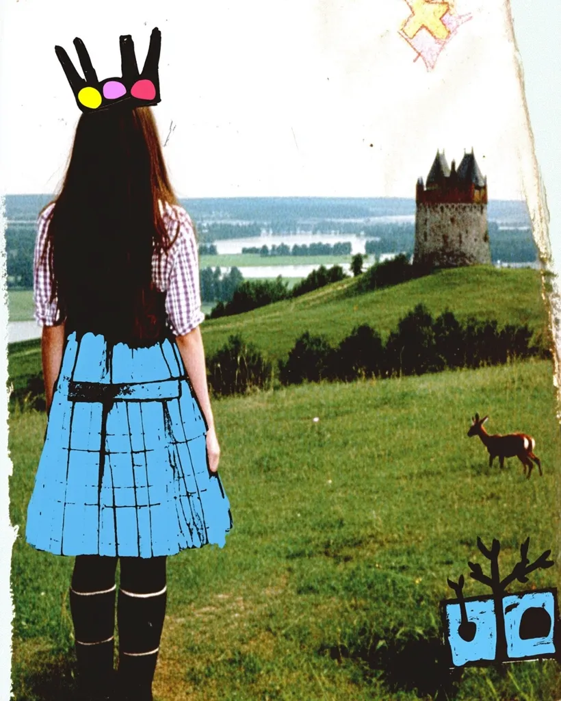A young girl with a crown drawn on her head, wearing a blue and white plaid skirt, stands in a field with a castle in the background. She is looking away from the viewer towards the castle and a deer walking away in the distance. The photo has a whimsical and childish feel.