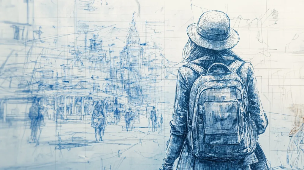The image is a blue-toned pen and ink drawing of a person with a backpack, looking away from the viewer towards a city. The cityscape is rendered in a sketchy, impressionistic style, with faint outlines of buildings and streets. The figure's hat and backpack are prominent, suggesting they are a traveler or adventurer. The overall impression is one of anticipation or exploration, with the viewer left wondering what the person is seeing and where they are going.