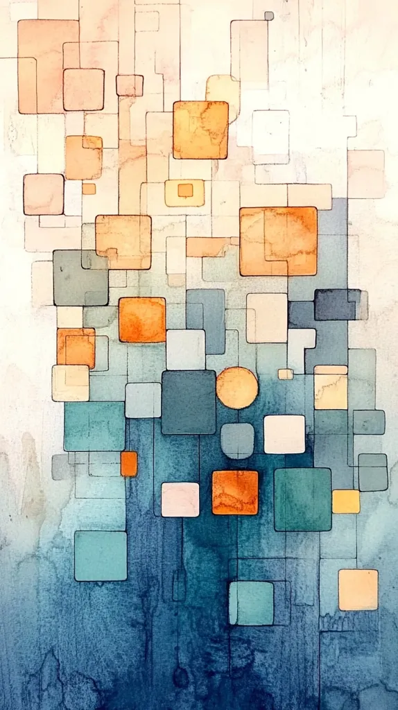 The image is an abstract watercolor painting composed of a grid of squares and rectangles in various shades of blue, green, orange, and pink. The shapes are overlaid with thin black lines, creating a sense of depth and dimension. The background is a soft blend of light colors, adding a subtle sense of airiness to the composition. The artwork evokes a sense of order and complexity, suggesting a network or system of interconnected elements.