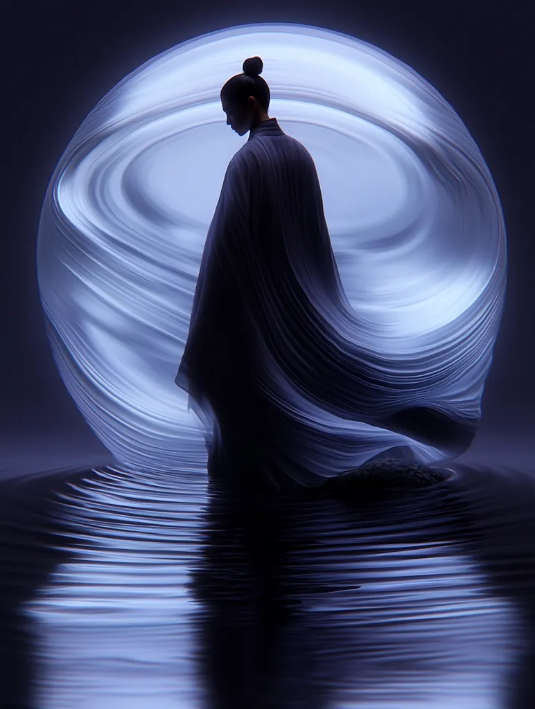 A woman in a flowing robe stands before a swirling, luminous sphere. The sphere is reminiscent of a galaxy, and the woman appears to be gazing at it in contemplation. The image is bathed in soft blue light, creating a ethereal and mysterious atmosphere. The woman's silhouette blends with the sphere, suggesting a connection between the two.