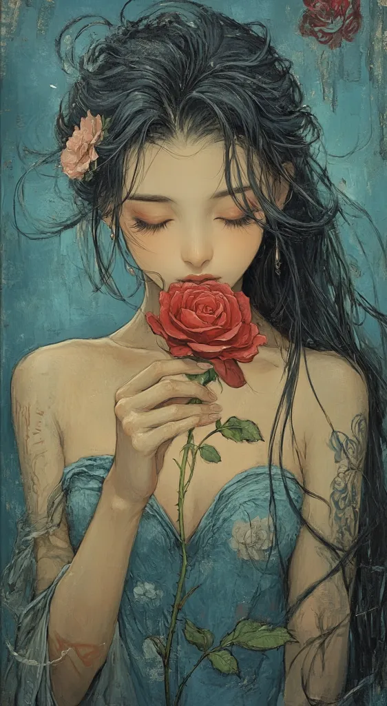 A young woman with long, dark hair is wearing a blue dress. She is holding a red rose and looking down at it with a soft, contemplative expression. The background is a light blue, and there are hints of flowers and a faded, slightly textured, painterly style. Her hair is styled in a loose, romantic way and she wears a pink rose behind her ear. The overall effect is one of beauty, delicacy, and innocence.  The artist seems to focus on the softness and delicate detail of the piece, the way light falls on her face, and the way she cradles the rose.  The image is intimate, capturing a moment of quiet contemplation.  The style is reminiscent of classic portraiture with a modern, almost whimsical touch.