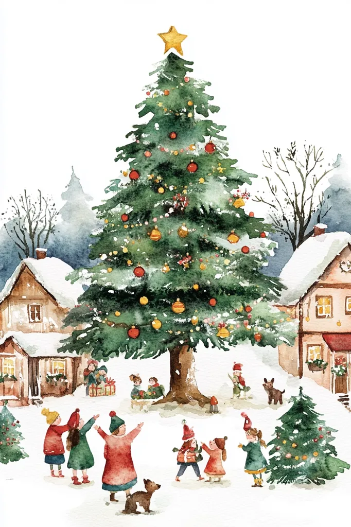 A watercolor painting depicts a snowy winter scene with a large decorated Christmas tree in the center. Children in winter attire are gathered around the tree, some holding gifts, others dancing and playing. Two small houses, with windows glowing with warm light, stand on either side of the tree, adding to the cozy ambiance. The overall scene evokes a sense of joy and celebration.