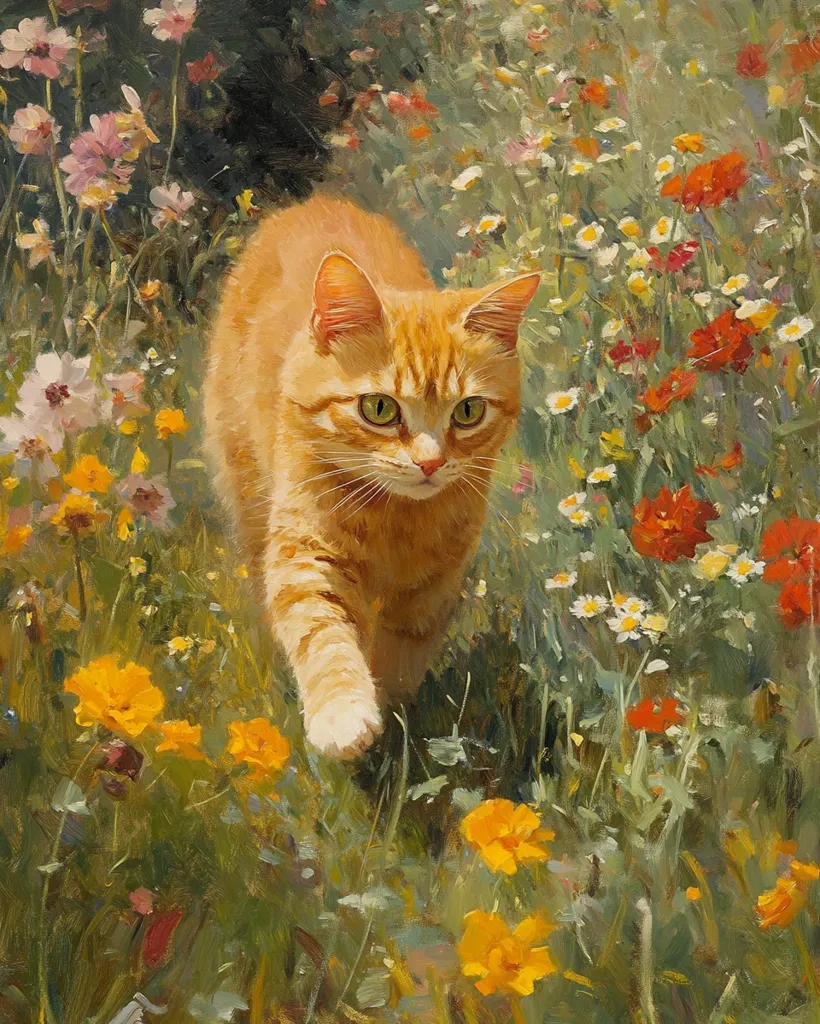 A ginger cat with green eyes walks through a lush field of yellow, orange, and white wildflowers. The cat's fur is a soft, warm orange, and it looks at the camera with a curious expression. The flowers are in full bloom, and the field is bathed in sunlight. The painting captures the beauty and tranquility of nature.
