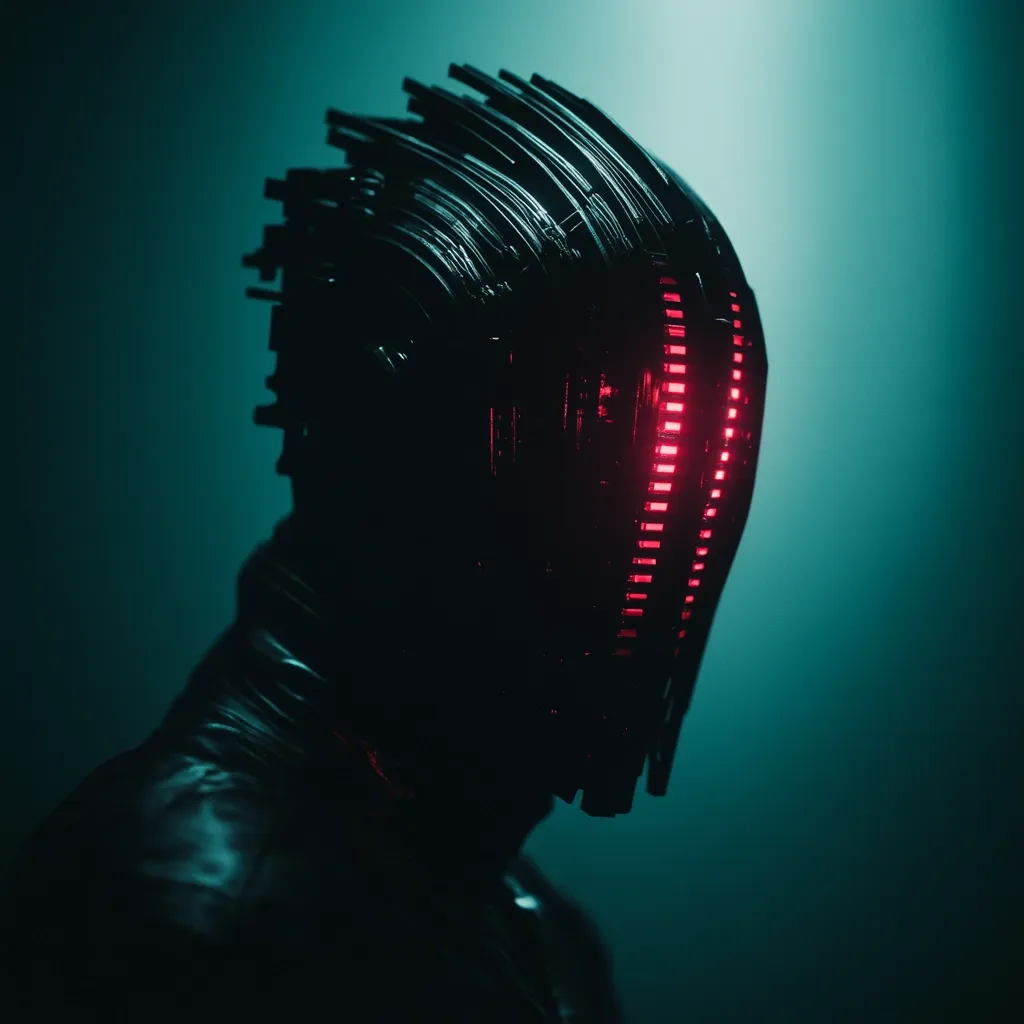 A person wearing a futuristic helmet with red lights illuminating their face, stands against a teal background. The helmet has a complex design, seemingly made of metal with intricate details. The person's features are obscured by the helmet, creating a sense of mystery and intrigue. The dark lighting and silhouette enhance the cyberpunk aesthetic.