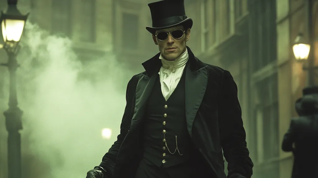 A man in a black top hat and sunglasses stands in a foggy street, his face obscured by shadows. He wears a black coat over a white shirt and waistcoat, with a gold chain dangling from his pocket. The buildings in the background are blurred, creating an eerie atmosphere. The scene is dimly lit, with a streetlamp casting a warm glow on the man's face. The image evokes a sense of mystery and intrigue.