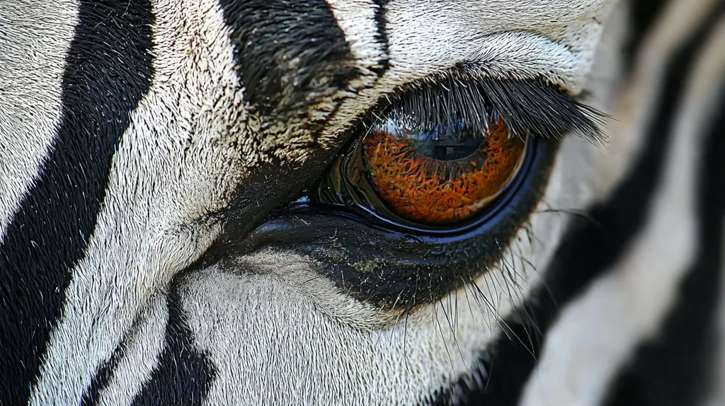 A close-up of a zebra's eye, showing the intricate details of its black and white stripes. The eye is brown and surrounded by long, dark eyelashes. The zebra's fur is soft and fuzzy, creating a beautiful contrast with the sharp lines of its stripes.  The image captures the animal's  wild and captivating beauty.