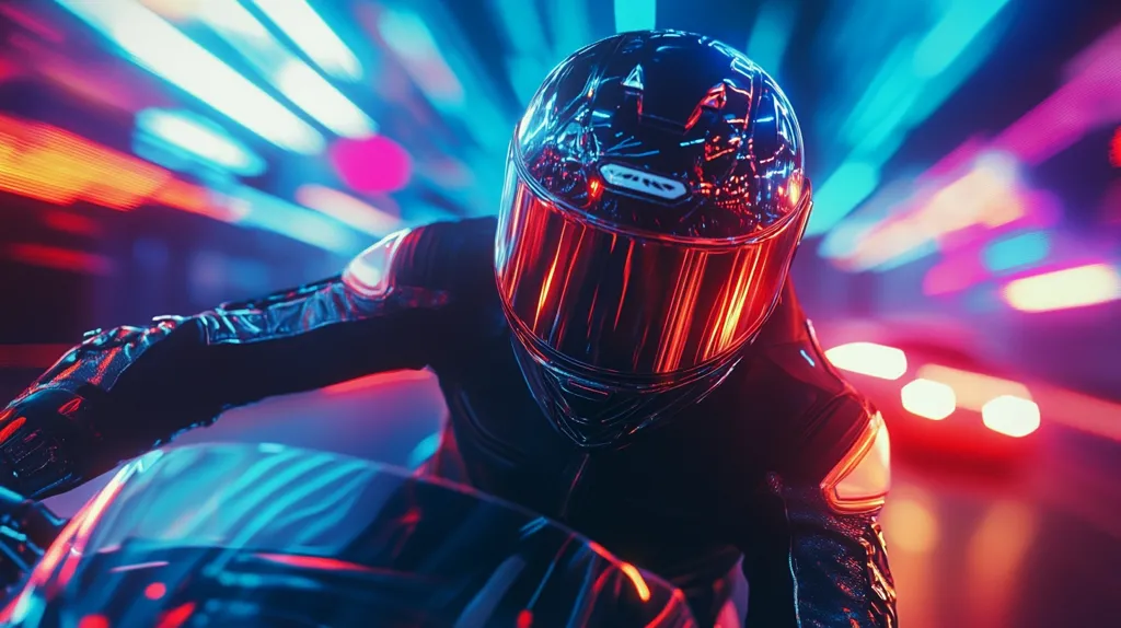 A motorcyclist wearing a black leather jacket and a shiny helmet with a red visor, speeds through a neon-lit city at night. The rider's face is obscured by the helmet. The blurred lights of the city create a sense of motion and energy.  The image is shot from a low angle, giving the viewer a sense of perspective and speed.  The color scheme is dominated by cool blue and warm red tones, creating a visually striking contrast.  The image is reminiscent of a cyberpunk aesthetic, with its focus on technology, speed, and urban landscapes.