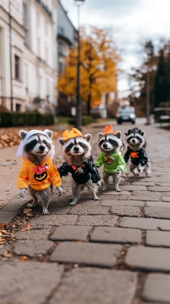 Four raccoons wearing Halloween costumes walk down a cobblestone street. They are all dressed up in different costumes: a pumpkin, a black and white witch, a green and orange witch, and a black and orange pumpkin. They are walking towards the camera with a blurred out backdrop of a city street.  The image is taken from a low angle, making the raccoons appear larger than life.