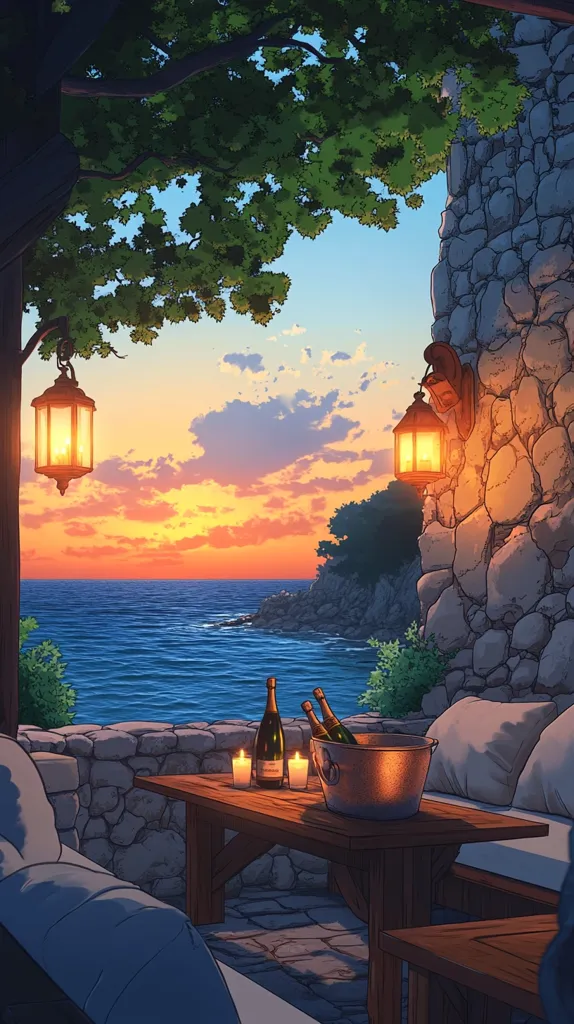 A stone patio overlooks a calm ocean at sunset. A wooden table with candles and bottles of champagne sits in the foreground. A large, leafy tree frames the view to the left, and a stone wall stands on the right. Two lanterns illuminate the scene, casting a warm glow. The image creates a sense of peaceful tranquility and the anticipation of a relaxing evening.
