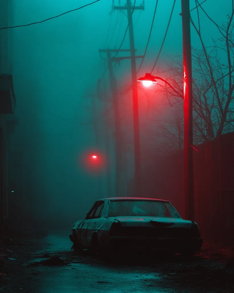 A car sits alone on a foggy street, illuminated by a red streetlamp. The light casts a warm glow on the vehicle, while the surrounding fog creates a sense of mystery and isolation. The street is deserted, and the only sound is the gentle hum of the streetlamp. The image evokes a feeling of solitude and contemplation.