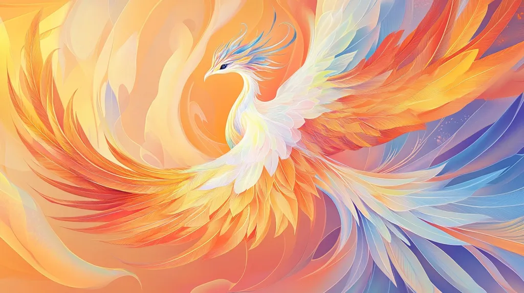 A vibrant phoenix, with iridescent feathers of orange, yellow, and blue, spreads its wings against a swirling background of warm colors. The bird's head is turned, revealing a piercing blue eye, and its long, flowing tail feathers blend seamlessly into the abstract background. The image captures a sense of power and grace, symbolizing rebirth and renewal.
