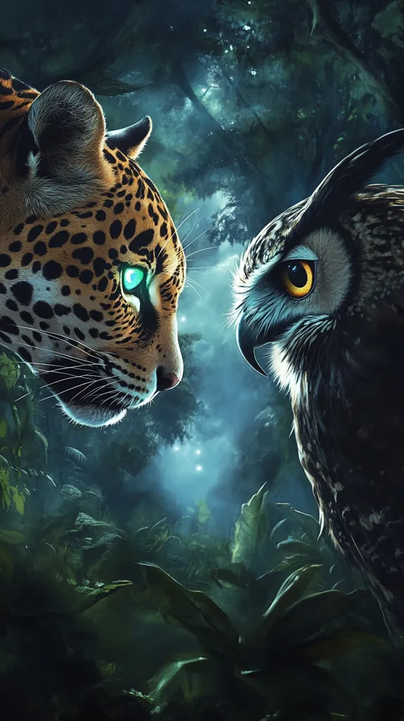 A close-up shot of a jaguar and an owl facing each other in a dark, lush forest. The jaguar has piercing green eyes and a focused expression, while the owl stares back with a wise and watchful gaze. The background is blurred and shadowy, highlighting the intensity of the encounter between these two majestic creatures. The image evokes a sense of mystery and the interconnectedness of nature.