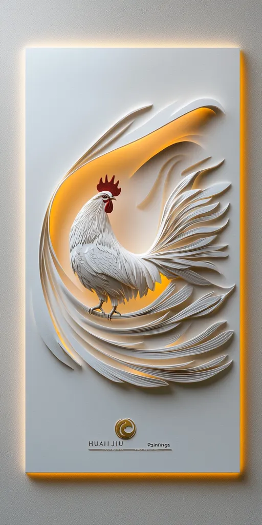 The image shows a white rooster made from paper, the rooster's tail feathers are spread out around it, creating a fan-like shape.  The rooster is positioned in a white square frame, with a yellow edge, the image has a light coming from behind the rooster. The image is signed "HUAI JIU Paintings" in the bottom right corner. The image appears to be an art piece, possibly a sculpture or painting.  The rooster is the focal point, and its intricate details are highlighted by the light. The white background and the yellow edge create a simple yet elegant frame for the rooster.  The light behind the rooster makes it appear to be glowing, adding to the overall effect of the artwork.  The image is a great example of how paper can be used to create beautiful and intricate art.