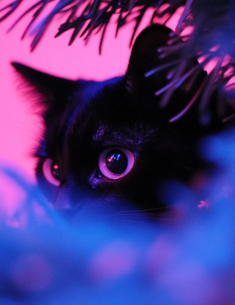 A black cat with piercing green eyes peeks from behind a blurry, light-blue and pink background. The image creates an ethereal and mysterious mood with its focus on the cat's eye. The cat's black fur and the neon colors of the background create a stark contrast, adding to the image's captivating effect.