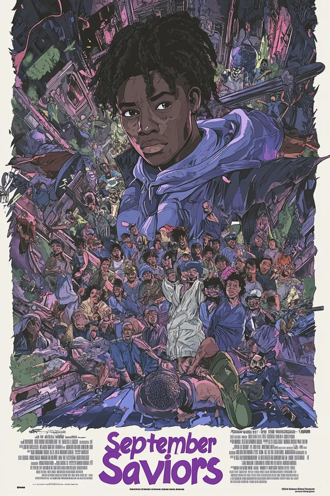 The image is a stylized poster for the film "September Saviors". A young black man with dreadlocks looks directly at the viewer, surrounded by a crowd of people and a cityscape. The poster uses a vibrant color palette of blues, purples, and greens.  The background features a chaotic mixture of people and buildings, suggesting a sense of urban life and community. The film's title is prominently displayed in bold, purple letters.
