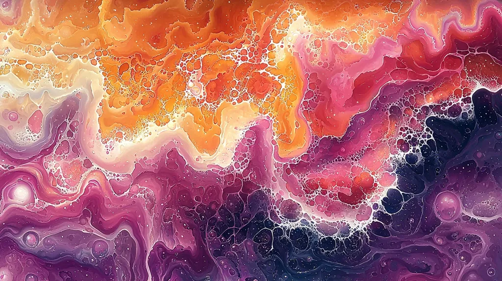 The image is an abstract painting featuring a vibrant swirl of colors, primarily pink, purple, orange, and yellow. The colors blend and intermingle, creating a dynamic and mesmerizing effect. The surface is dotted with small, white, bubble-like shapes, adding texture and depth to the composition. The overall feel of the artwork is lively and energetic, suggestive of a cosmic or organic process.