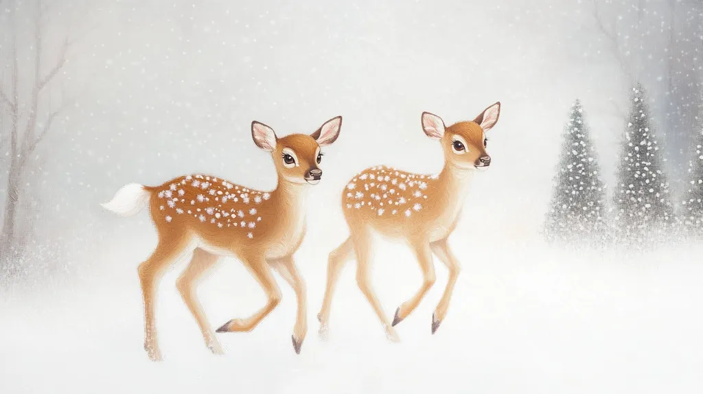 Two young, spotted deer are walking through a snowy forest. The deer are brown and white with large, black eyes. The snow is falling softly around them and the background is blurred and out of focus.  There are a few trees in the background, but they are mostly obscured by the falling snow.