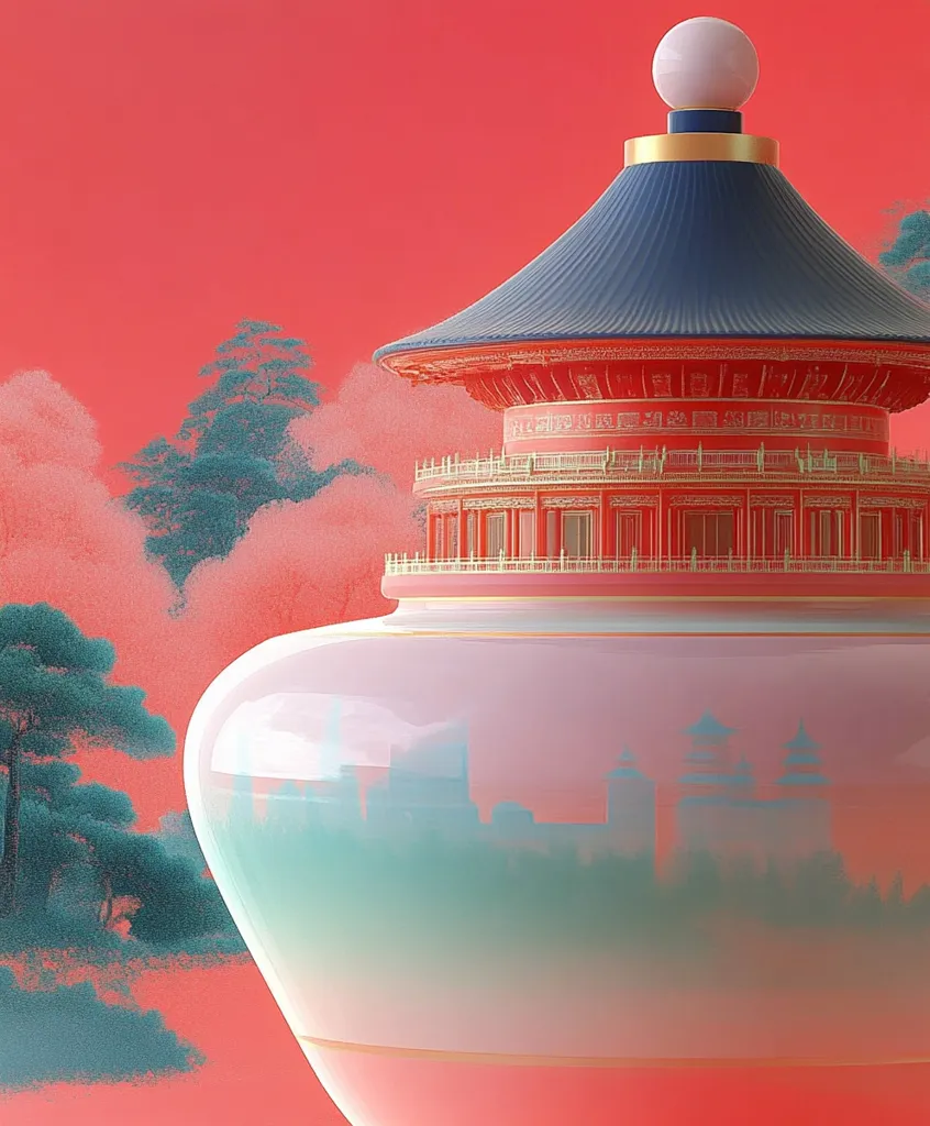 A traditional Chinese temple is depicted as a lid atop a large, ornate vase. The temple has a blue roof, red walls, and gold accents. The vase is a pale pink with an intricate design of a cityscape in blue and green hues. The background features a soft, pink gradient with hints of green trees.  The image is rendered in a surreal and minimalist style, creating a dreamlike atmosphere.
