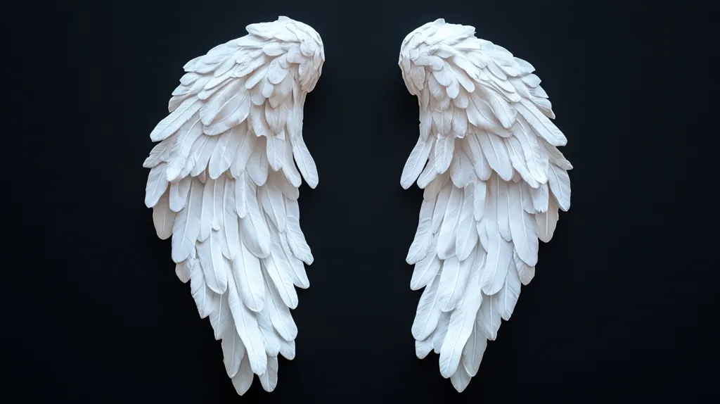 Two large white wings, crafted from delicate feathers, are symmetrically positioned against a black background. The wings are spread apart, creating a sense of openness and ethereal beauty. The image evokes a sense of flight, protection, and the spiritual realm. The black background provides a dramatic contrast, highlighting the intricate details of the wings.