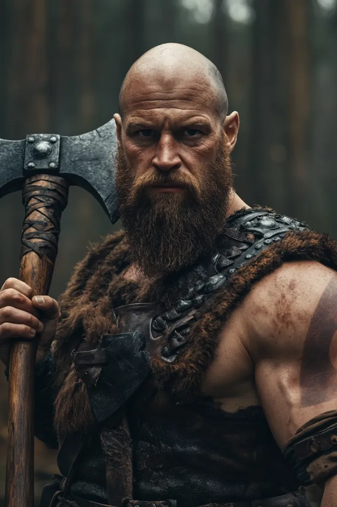 A bald, heavily muscled man with a long, red beard, dressed in a fur-lined leather tunic, holds a large axe in a forest. His expression is serious and his eyes are intense. He looks like a fierce warrior, ready for battle. The image is dark and atmospheric, with a focus on the man's strong features.