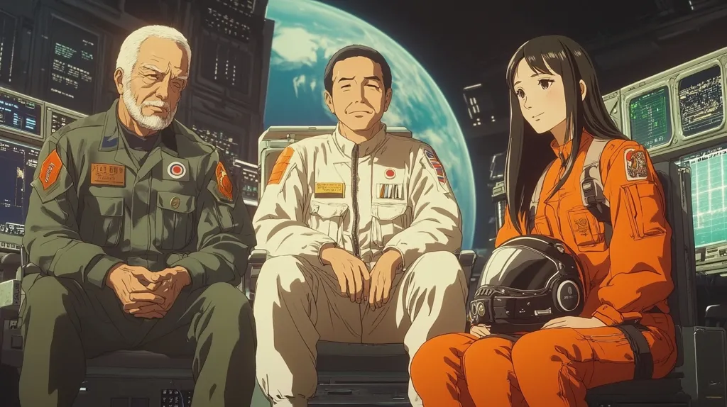 The image depicts three people sitting in a spaceship. An older man in a green military uniform sits on the left, a younger man in a white jumpsuit sits in the middle, and a woman in an orange jumpsuit sits on the right. The woman is holding a helmet in her lap. The Earth can be seen out the window behind them. The image is drawn in an anime style.  The scene suggests a mission in space.  The expressions on their faces are calm and determined.  It is likely they are preparing for a challenging mission.