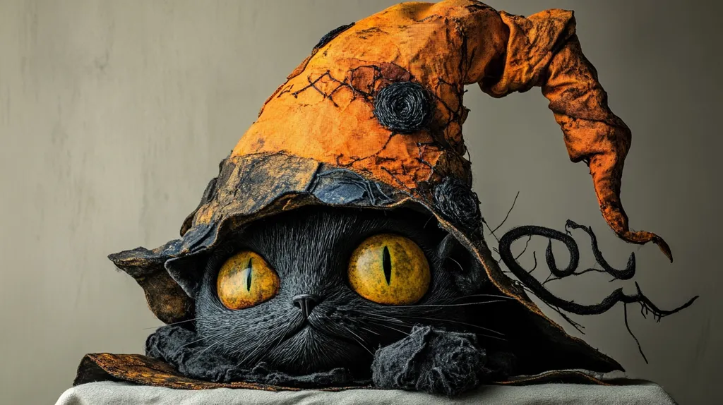 A black cat with bright yellow eyes is wearing a tattered, orange witch's hat. The hat has a long, curled brim and is decorated with black stitching and a black flower. The cat is looking to the right of the image with an expression of curiosity. The background is a plain, light beige wall. The cat is sitting on a light fabric surface.  The image has a whimsical and enchanting feel.