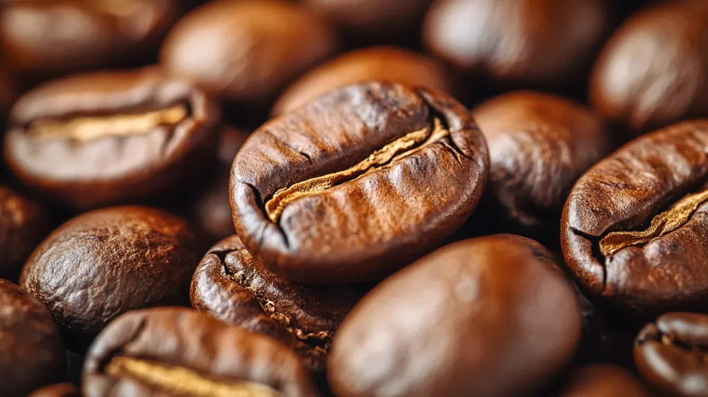 A close-up shot of roasted coffee beans. The beans are arranged in a pile, with a few in focus and others blurred in the background. The deep brown color of the beans and their smooth, shiny surface create a rich and inviting texture.  The intricate details of the beans, including the crease down the center and the subtle variations in their shape, are visible in sharp detail. The image evokes the aroma of freshly brewed coffee and the warmth of a cozy morning.