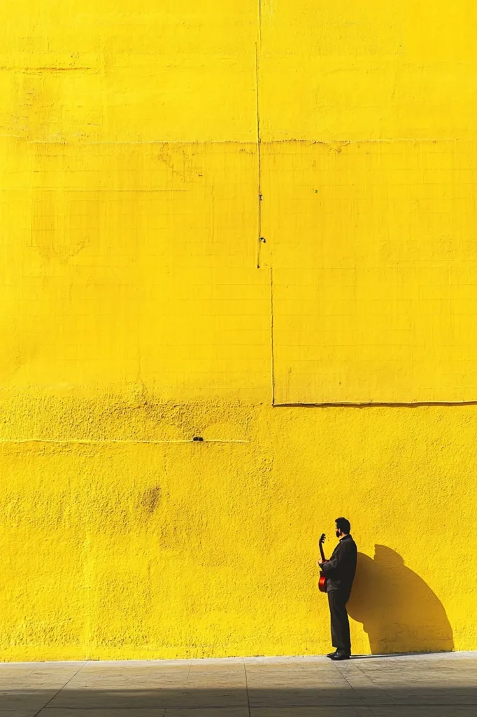 A man in a silhouette stands in front of a bright yellow wall, holding a guitar in his right hand. The man's left hand is in his pocket and he is looking to his right. The wall is divided by a vertical line with a slightly different shade of yellow. The background of the image is an empty, bright yellow wall with a small shadow to the right of the man. The ground in front of the wall is grey concrete.  The man is the focal point of the image.  There is a sense of simplicity and minimalism in the image.