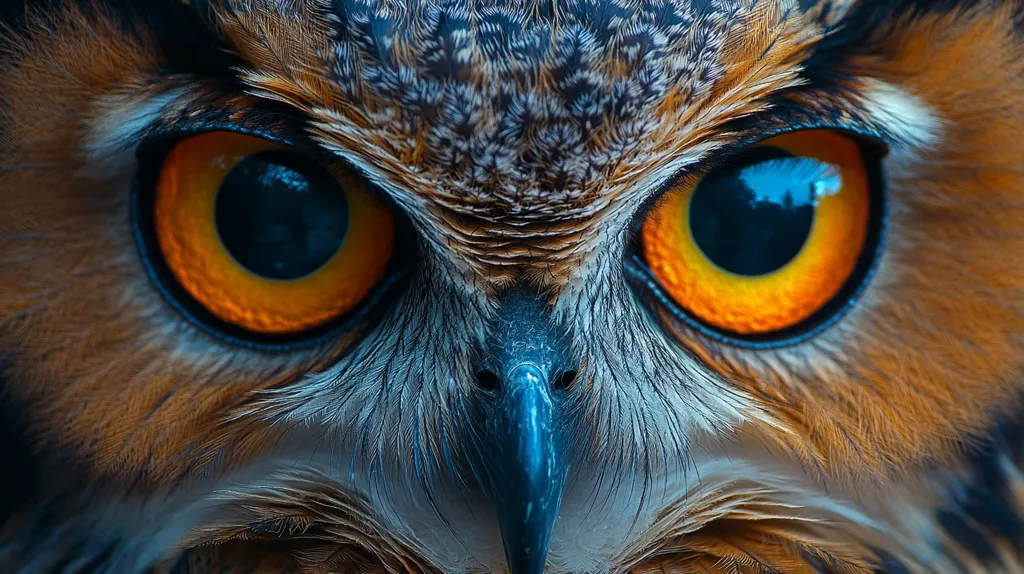 The image is a close-up of an owl's face. The owl has large, bright yellow eyes with dark blue pupils. The feathers around the eyes are a mixture of brown, black, and white. The owl's beak is sharp and blue. The image captures the owl's intense gaze and the intricate details of its feathers.  The image is likely taken with a macro lens, as the level of detail is very high. The image would be a great illustration of the beauty of nature.
