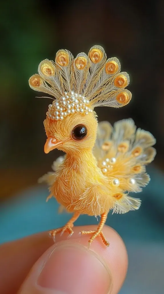 A small, fluffy yellow bird with large, black eyes and a crown of pearls is perched on a finger. The bird has a fan of golden feathers behind it, resembling a peacock's tail. The bird is a delicate, whimsical creation, reminiscent of a fairy tale creature.