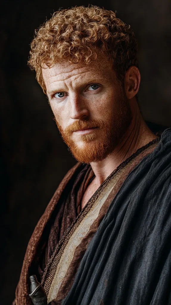 A man with curly red hair and a matching beard stares intensely at the viewer. He has a serious expression and is dressed in a dark, layered garment with brown accents. The background is a dark, out-of-focus blur, creating a sense of mystery.  The image is composed of contrasting light and dark tones.