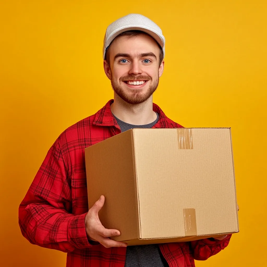 A man in a red plaid shirt and white cap is holding a large cardboard box in front of him. He is smiling broadly at the camera and appears to be happy with the delivery. The background is a bright yellow wall.