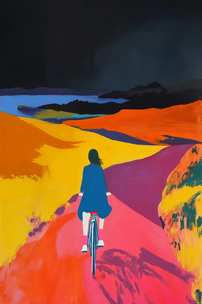 A woman in a blue coat rides a bicycle down a winding, colorful path. The path is painted in vibrant shades of orange, yellow, pink, and purple, and is surrounded by rolling hills. The sky is a dark blue, almost black, suggesting a storm might be approaching. The scene is a striking example of abstract art, with its bold colors and simplified forms.  The woman's figure is small in the vast landscape, emphasizing the sense of adventure and freedom that she feels as she travels towards the unknown.