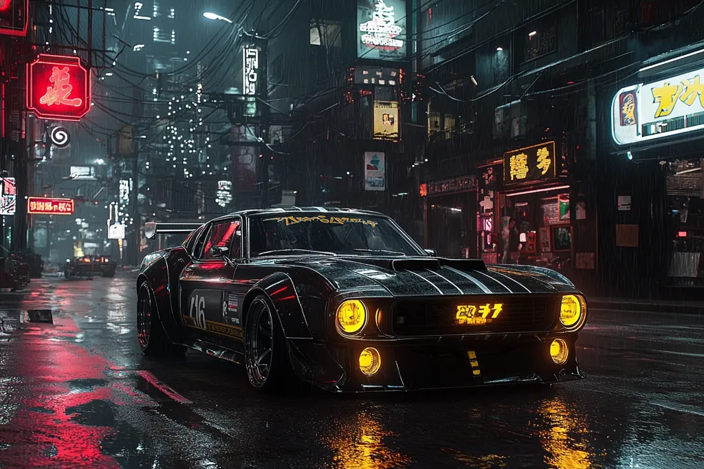 A black, customized muscle car is parked in a rainy, neon-lit street in a city with Japanese characters on signs and buildings. The car is wet and reflects the neon lights, creating a vibrant and atmospheric scene. The street is empty, with only a few cars in the distance. The image has a gritty and futuristic vibe.