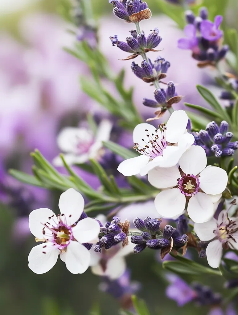 The image shows a close-up of white flowers with lavender in the background. The white flowers have a yellow center and are surrounded by green leaves. The lavender is a vibrant purple and adds a touch of color to the image. The soft focus on the background creates a dreamy and romantic atmosphere. The image is a beautiful representation of the beauty of nature.