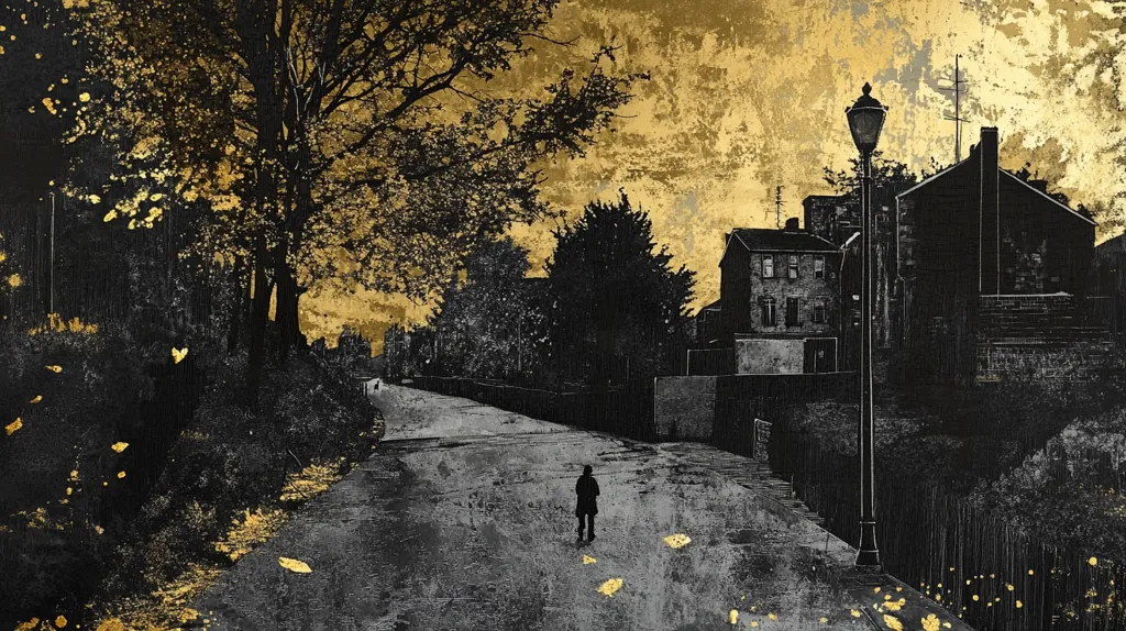 A lone figure walks down a narrow, deserted street lined with buildings on either side. The buildings are silhouetted against a golden sky, giving the scene an ethereal quality. The street is paved with cobblestones and dappled with fallen leaves, hinting at a time of change and transition.  The scene is both peaceful and melancholic, suggesting a moment of quiet reflection in the midst of urban life.