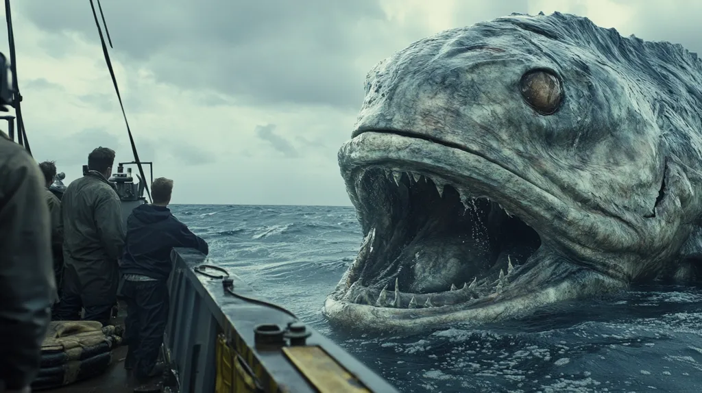 A group of men stand on a boat, gazing in fear and awe at a giant, prehistoric-looking fish with a gaping maw filled with sharp teeth. The creature's head emerges from the choppy ocean water, casting a long shadow over the men and their vessel. The scene is one of impending doom and the raw power of nature.