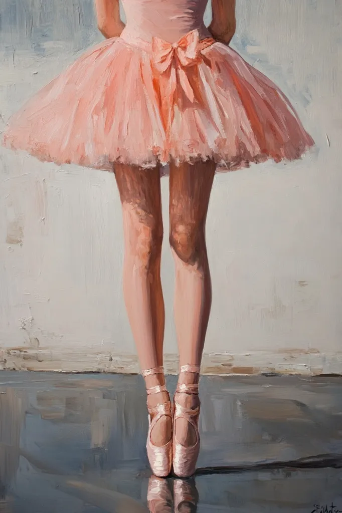 The painting depicts a ballerina in a pale pink tutu and pointe shoes, standing on a reflective floor. Her legs are long and slender, her posture graceful. The background is a simple, off-white wall, allowing the ballerina to be the focal point. The overall impression is one of elegance and beauty.