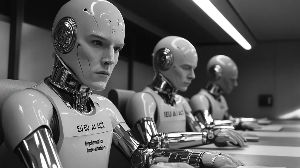 The image shows a row of humanoid robots sitting at a table, their metallic bodies gleaming in black and white. The robot in the foreground is looking directly at the viewer, its face expressionless, while the others are looking down at something out of frame. The text "EU AI Act Implementation" is clearly visible on the robot's chest. The image suggests a future world where artificial intelligence plays a significant role.