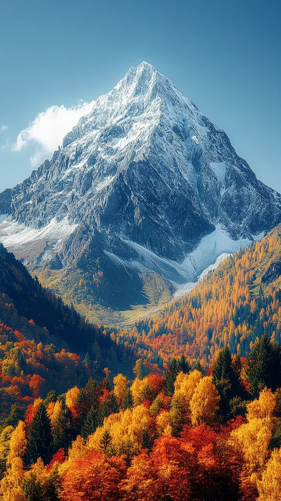 A majestic snow-capped mountain peak dominates the landscape, its slopes covered in a blanket of white. Below, a valley stretches out, carpeted in a vibrant tapestry of autumn foliage. The trees display a dazzling array of reds, oranges, and yellows, creating a breathtaking contrast against the snow-covered mountain and the clear blue sky. The scene captures the beauty of nature's transition from summer to winter.